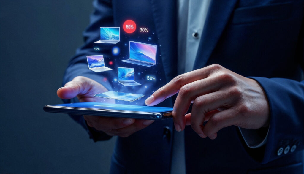 A man in a suit holds a smartphone displaying icons, symbolizing digital marketing trends in India.