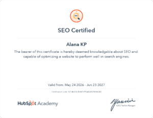 SEO certification badge from Alana KP, highlighting expertise as a digital marketing freelancer in Kerala.