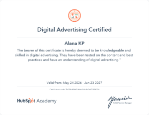 Digital advertising certification badge by Alana Kp, highlighting expertise as a digital marketing freelancer in Kerala