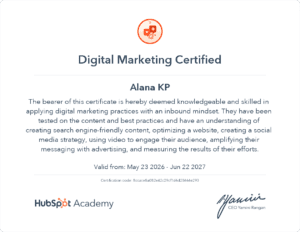 Digital marketing certification badge by Alana Kp, highlighting expertise as a digital marketing freelancer in Kerala