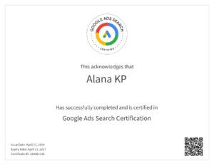 Google Ads sreach certification badge, symbolizing expertise for digital marketing freelancers in Kerala.