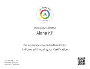 Google ads AI powered Shopping ads certification badge, highlighting skills for digital marketing freelancers in Kerala